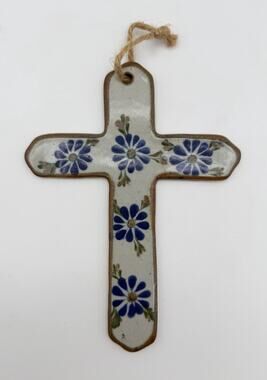 Tonala Mexican Art Pottery Cross 7” Wall Hanging Blue Flowers Signed Mexico